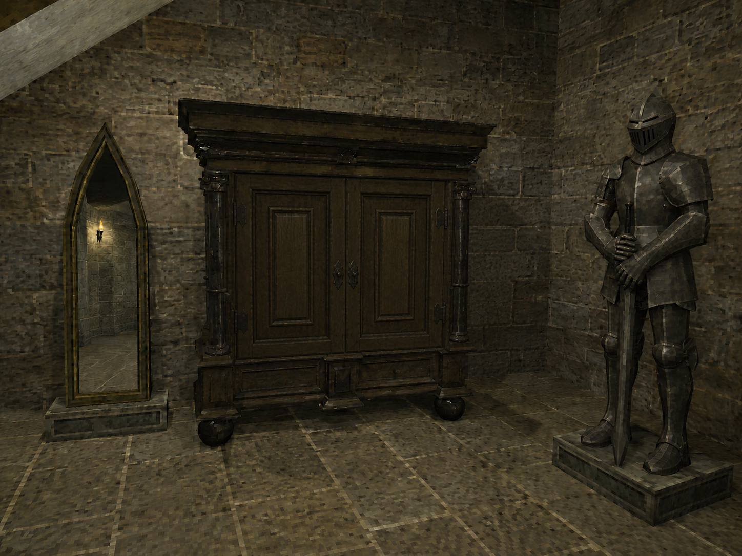 A stone archive room with a pointed mirror, a closed wooden cabinet, and a suit of armor